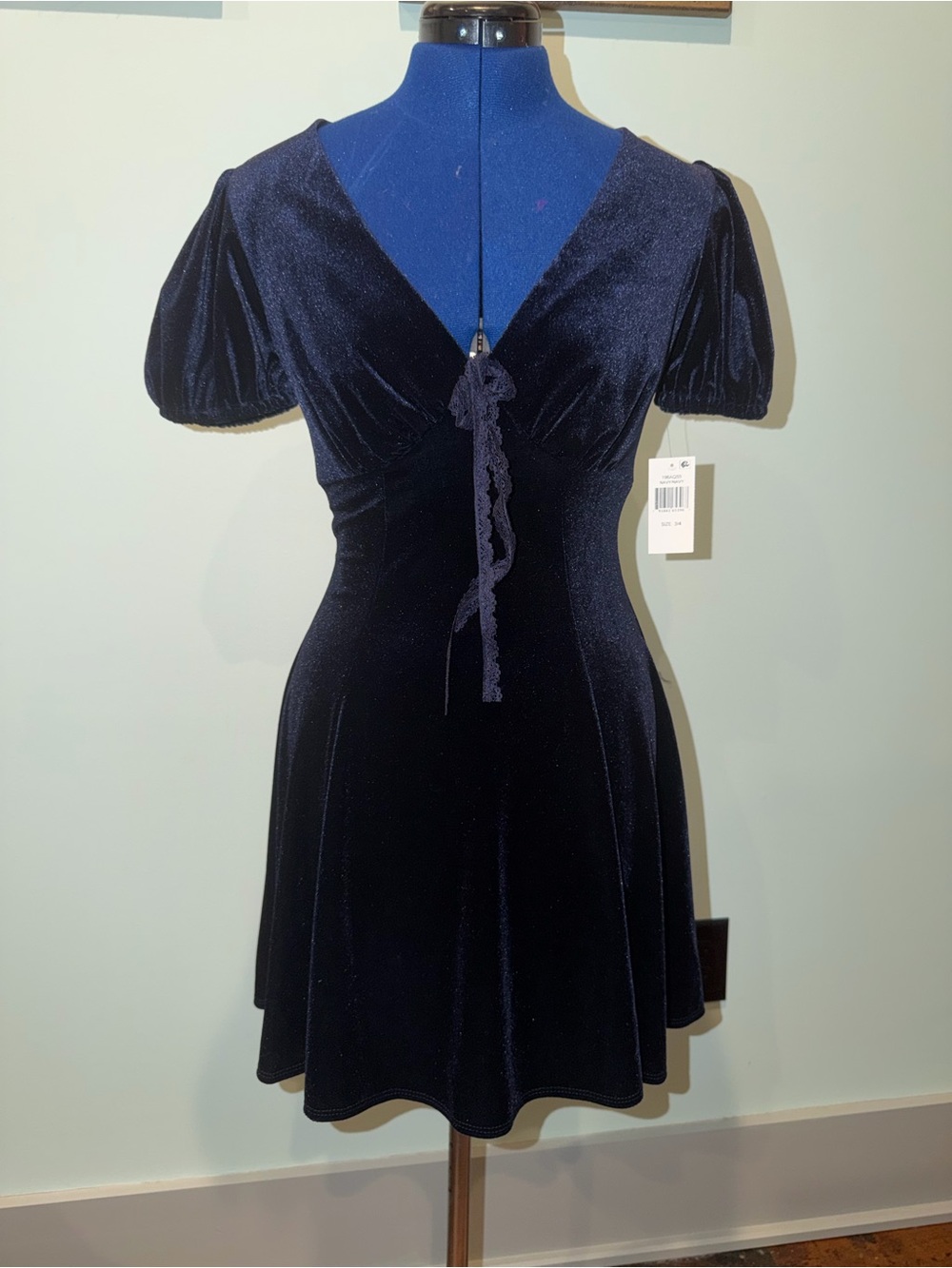 B Darlin Navy stretch Velvet V-Neck babydoll Mini Dress